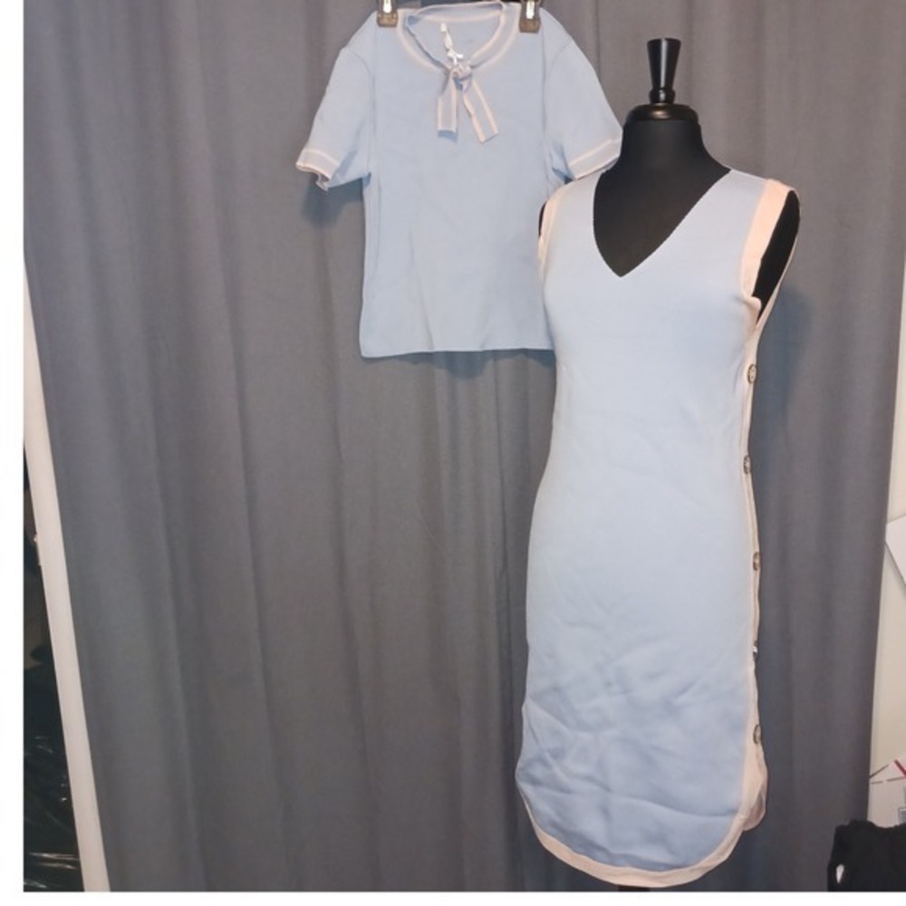 Vintage Viviane Furrier Knit Dress‎ & Top Set Blue Pink Button Accent